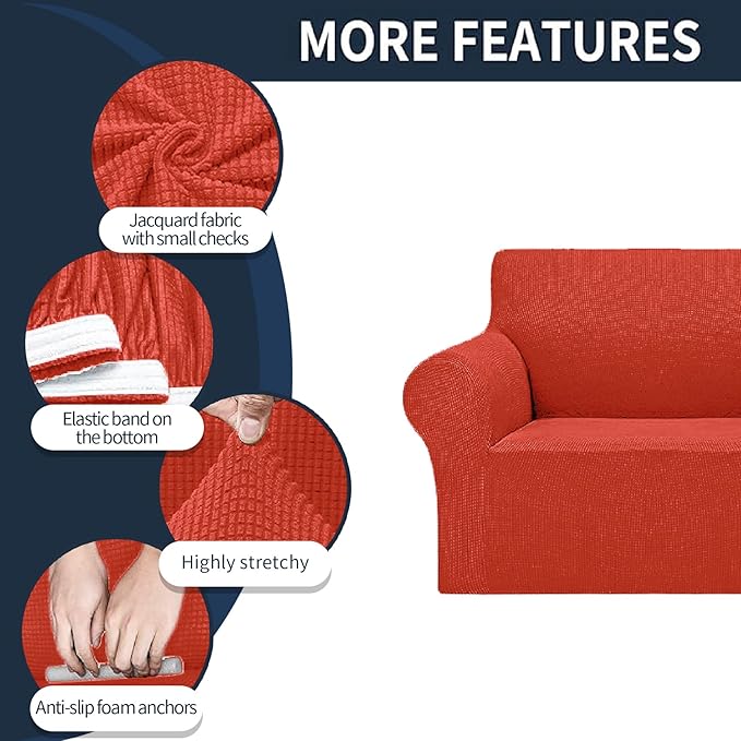 2025 New Stretch Loveseat Sofa Slipcovers Couch Cover for 2 Cushion Furniture Protector Sofa Covers with Elastic Bottom Jacquard Fabric Small Checks for Pets, Kids - Pureed Pumpkin