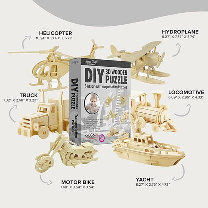 Hands Craft DIY 3D Wooden Puzzle – 6 Assorted Transportation Bundle Pack Set Brain Teaser Puzzles Educational STEM Toy Adults and Kids to Build Safe and Non-Toxic Easy Punch Out Premium Wood JP2B3