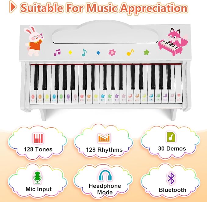 37 Keys Kids Keyboard Piano, Kids Piano Wooden Toy With Stool, DIY Stickers, Song Book, Cover, Education Musical Instruments for Girls&Boys Ages 3+