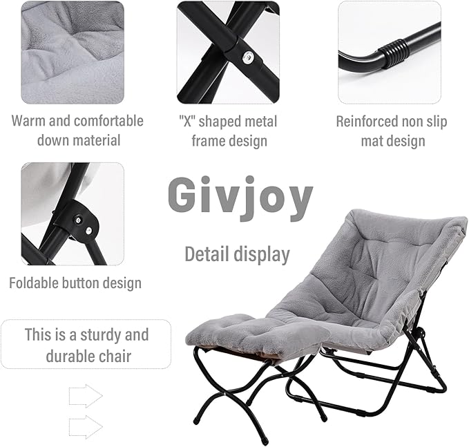 Comfy Saucer Chair with Ottoman, Oversized Folding Faux Fur Chair Soft Furry Lounge Lazy Chair with Metal Frame Moon Chair Accent Chair for Bedroom, Living Room, Dorm Rooms