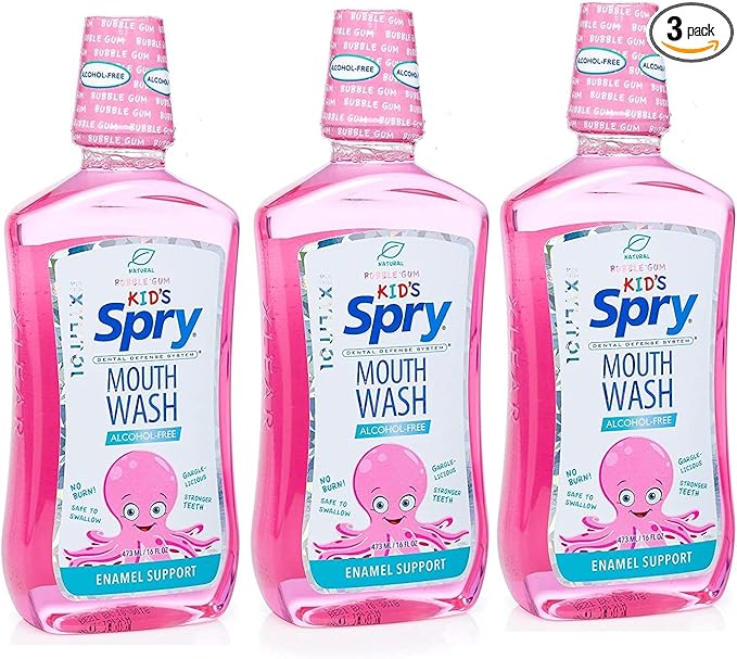 Spry Xylitol Mouthwash Fluoride Free with Enamel Support, Gentle, Natural Bubble Gum - 16 fl oz (Pack of 3)