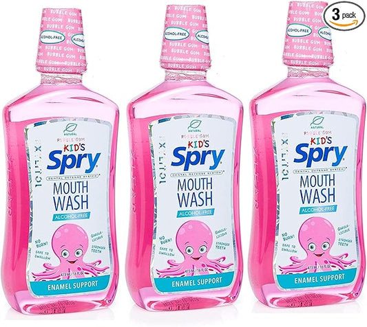Spry Xylitol Mouthwash Fluoride Free with Enamel Support, Gentle, Natural Bubble Gum - 16 fl oz (Pack of 3)