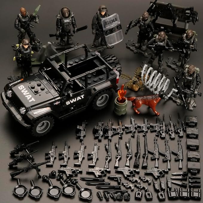 8 PCS Building Block City Policeman Mini-Figures with Multiple Military Weapons Accessories SWAT Equipment Military Vehicle Army Car Assembly Building Toys Gift for Boys