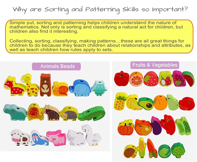 BMTOYS Montessori Educational Threading Toys Wooden Stringing Farm Animals Fruits Lacing Beads Preschool Toy for Toddler 3 4 5 Year Old Boys Girls