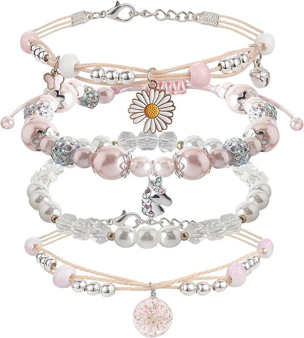 DS 4PCS Beaded Charm Bracelets for Teen Girls Dainty cute cartoon Crystal Beads Pearl Bracelets anklets set for woman and girls Adjustable Stretch bracelet birthday Gift For Friends