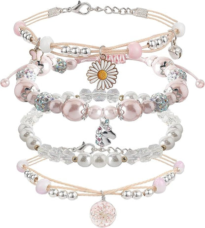DS 4PCS Beaded Charm Bracelets for Teen Girls Dainty cute cartoon Crystal Beads Pearl Bracelets anklets set for woman and girls Adjustable Stretch bracelet birthday Gift For Friends