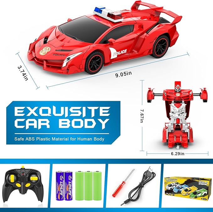 FDJ Transform Remote Control Car Robot, One Button Deformation to Robot with Flashing Light, 2.4Ghz 1:18 Scale Transforming Police Car Kids Toys with 360 Degree Rotating Drifting, Toys for Boys Girls