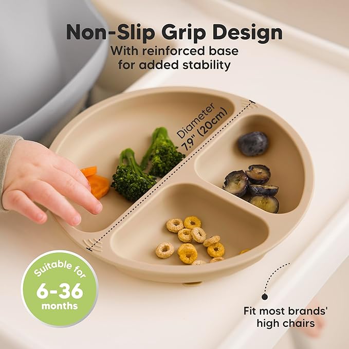 KeaBabies Suction Plates with Lids for Baby - 3-Pack 100% Silicone Suction Plates for Baby, Kids,Toddler Plates,Divided Baby Plates with Suction,Lids, BPA-Free, Microwave, Dishwasher Safe (Harvest)