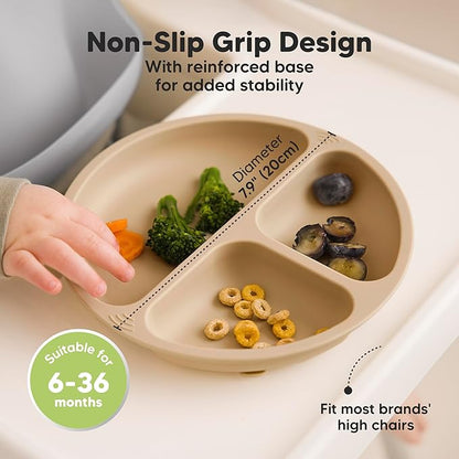 KeaBabies Suction Plates with Lids for Baby - 3-Pack 100% Silicone Suction Plates for Baby, Kids,Toddler Plates,Divided Baby Plates with Suction,Lids, BPA-Free, Microwave, Dishwasher Safe (Harvest)