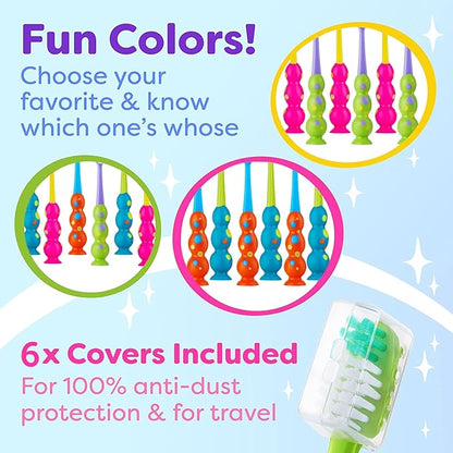 Kids Toothbrush 6 Pack - Soft Contoured Bristles - Child Sized Brush Heads (3-10 Year Old) - Suction Cup for Fun & Easy Storage - Girl & Boy Set (6-Pack, Green & Pink)