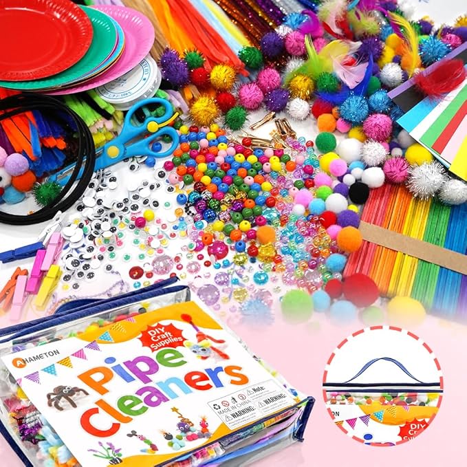 Kids DIY Arts & Crafts Rich Materials 1300+ Pcs Including Feathers, Pipe Cleaner,Wiggle Eyes, Pompoms, Colours Paper,Bells, Sticks,Beads for Chenille Stems and More Crafting Items Supplies