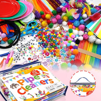 Kids DIY Arts & Crafts Rich Materials 1300+ Pcs Including Feathers, Pipe Cleaner,Wiggle Eyes, Pompoms, Colours Paper,Bells, Sticks,Beads for Chenille Stems and More Crafting Items Supplies