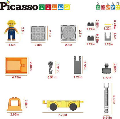 PicassoTiles Magnet Tile Building Blocks 3-in-1 Crane, Dump Truck, and Ladder Construction Vehicle Brick Compatible Magnetic Tiles Toy Set with Car Base Character Action STEM Learning Kit Age 3+ PTU03