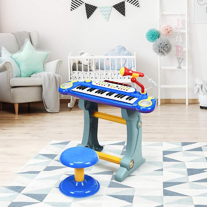 Costzon 37-Key Kids Piano Keyboard Toy, Toddler Electronic Musical Instrument Educational Toy w/Microphone, Multiple Sounds, Record Playback, Lights & Stool, Birthday Gift for Girls Boys Age 3+, Blue