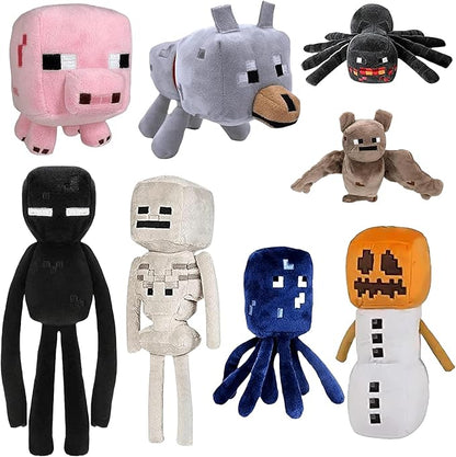 8Pack Snow Golem Plush, Enderman Plush, Baby Wolf, Baby Pig, Spider, bat, Skeleton Shooter, Squid Stuffed Animals Toys，Great Gift for Children and Fans.