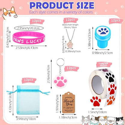 85 Pieces Dog Paw Party Favors Set Dog Paw Print Party Supplies with Paw Print Silicone Bracelet Stamper Sticker Keychain Pendant Chain Organza Bag and Thank You Tag for Girl Kid Boy Party Birthday
