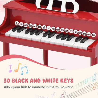 Goplus 30-Key Classical Kids Piano, Mini Grand Piano Wooden Learn-to-Play Musical Instrument Toy with Bench, Piano Lid, Music Rack, Gift for Boys Girls Aged 2+ Baby Toddler (4 Straight Leg-Red)