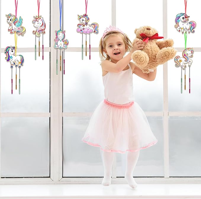 Fennoral 9 Pack Unicorns Wind Chime Kit for Kids Make Your Own Unicorns Wind Chime Wooden Arts and Crafts DIY Paint Art Activity for Christmas Party Decoration Bithday Gifts