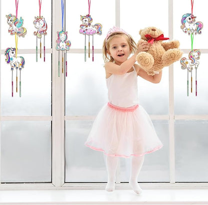 Fennoral 9 Pack Unicorns Wind Chime Kit for Kids Make Your Own Unicorns Wind Chime Wooden Arts and Crafts DIY Paint Art Activity for Christmas Party Decoration Bithday Gifts
