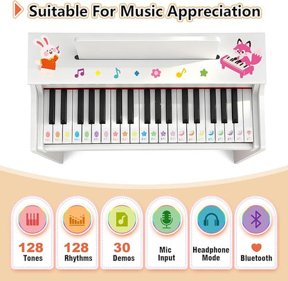 Kids Piano Keyboard, 37 Keys Wooden Digital Piano for Kids with Bench,Song Book, DIY Stickers, Cover, Education Creative Musical Instruments Toy for Boys & Grils Gifts