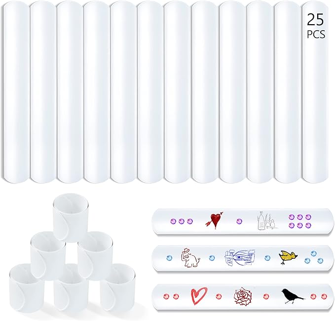 Novelty Place White Slap Bracelets, 25 Pcs DIY Blank Party Wrist Strap Snap Band for Teens & Kids - Classroom Craft Activity Prize Gift Costume