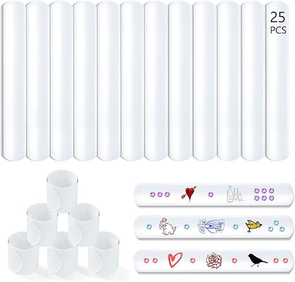 Novelty Place White Slap Bracelets, 25 Pcs DIY Blank Party Wrist Strap Snap Band for Teens & Kids - Classroom Craft Activity Prize Gift Costume
