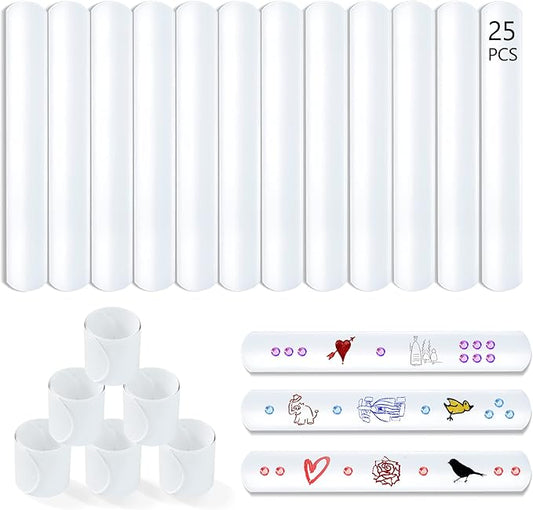 Novelty Place White Slap Bracelets, 25 Pcs DIY Blank Party Wrist Strap Snap Band for Teens & Kids - Classroom Craft Activity Prize Gift Costume