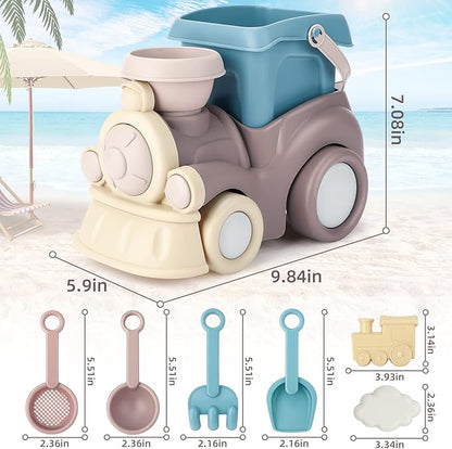 QLT Beach Toys for Toddlers - Kids Sand Toys Include Train Beach Truck, Beach Bucket, Scoop, Trowel, Colander, Rake, Sand Castle Toys - Sandbox Toys with Gift Box