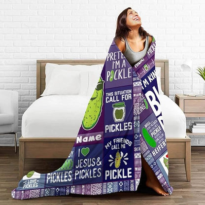 Custom Pickle Blanket with Name for Women Men, Personalized Cute Pickle Themed Design Printed Throw Blankets for Teens Adults Lap, Chair Sofa, Giftable Blanket, 50"x 60"