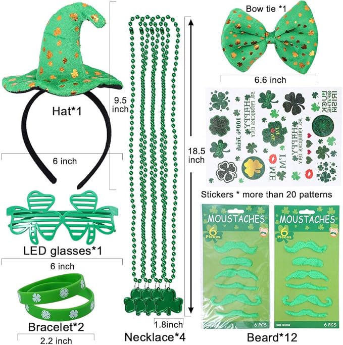 St. Patrick's Day Accessories Set - 41 Pieces Party Supplies with Glasses, Necklaces, Mustaches, Bracelets, Tattoos, Hat Headband - St. Paddy's Day Decorations