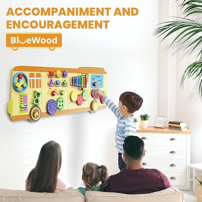 BlueWood 2024 8 in 1 Pikler Triangle Climbing Set, School Bus Wall Busy Board Panels