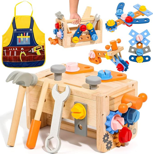 Wooden Kids Tool Set, Toddler Tool Bench with Apron 2 Year Old Toys Gift STEM Montessori Toys for 2 3 4 Year Olds Pretend Play Toddler Tool Set Educational Construction Toy for Toddler(39PCS)