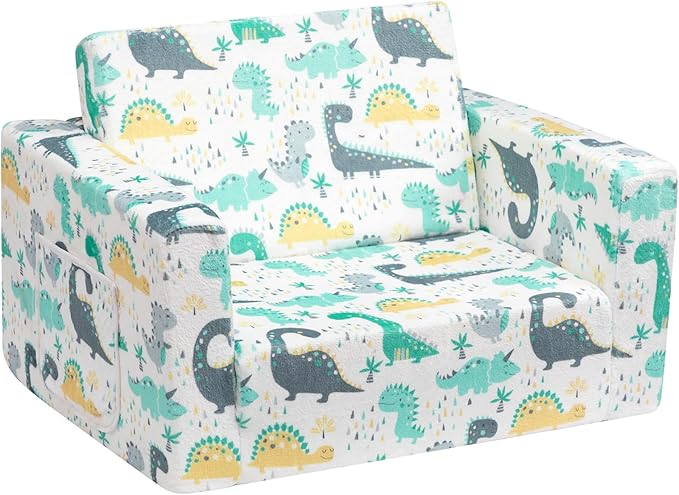 ALIMORDEN 2-in-1 Flip Out Cuddly Sherpa Toddler Couch, Convertible Sofa to Lounger, Dinosaur