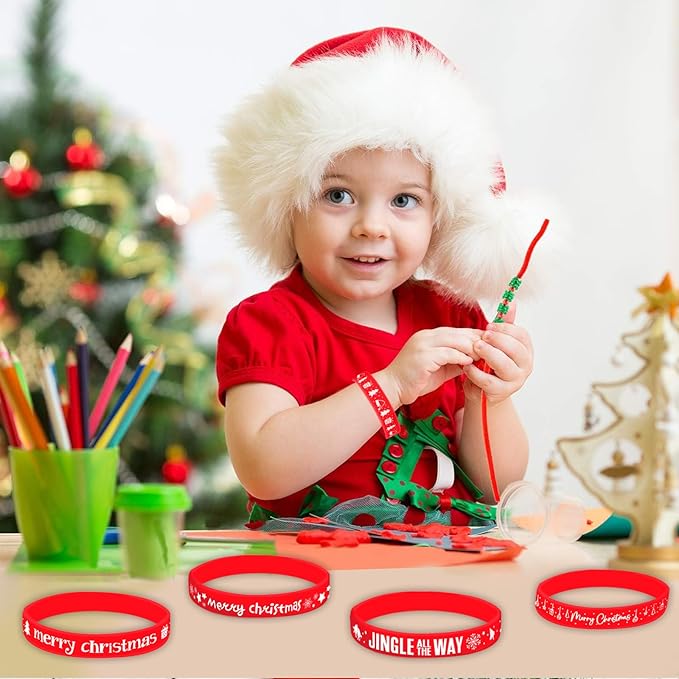 Morcheiong 42 Pieces Christmas Rubber Bracelets 7 Classic Design Silicone Wristbands for Merry Xmas Party Favors (Red)