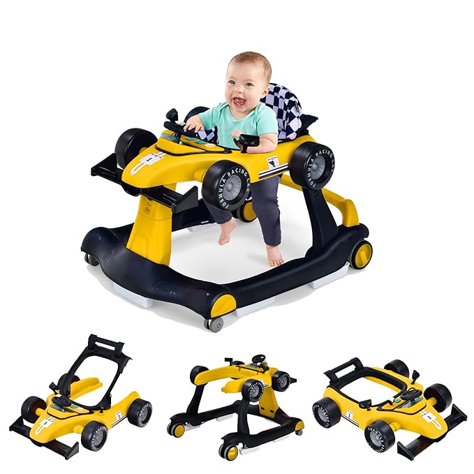 GLACER Foldable Baby Walker, 4-in-1 Infant Walker with Adjustable Height & Speed, Music, Light, Steering Wheel & Washable Cushion, Baby Walker Activity Center for Boys Girls 6 –18 Months (Yellow)