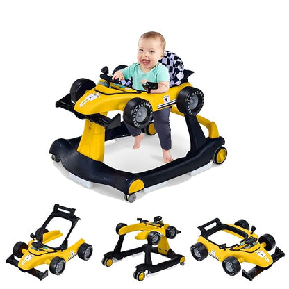 GLACER Foldable Baby Walker, 4-in-1 Infant Walker with Adjustable Height & Speed, Music, Light, Steering Wheel & Washable Cushion, Baby Walker Activity Center for Boys Girls 6 –18 Months (Yellow)