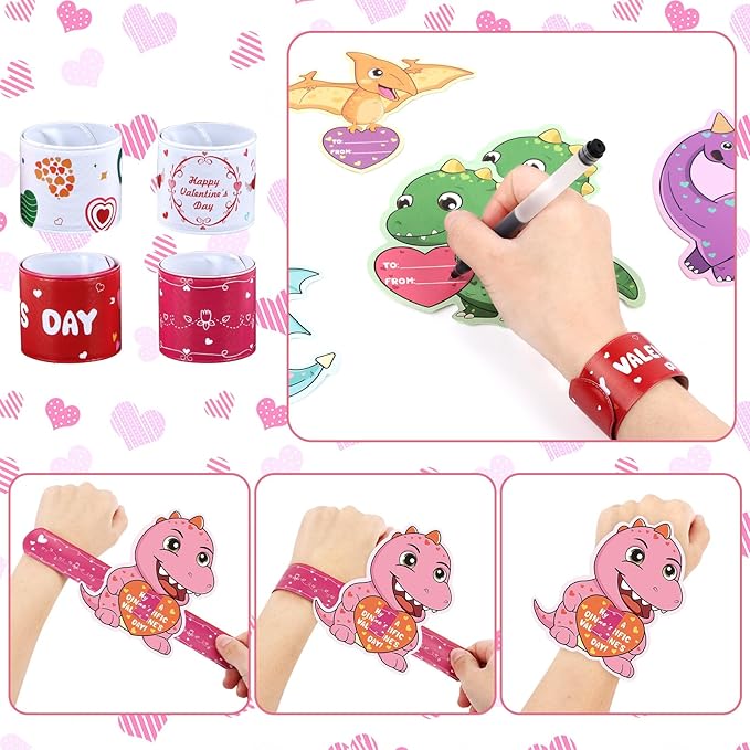 Hooqict Slap Bracelets Valentines Day Cards for Kids School Classroom 36 Pcs Dinosaur Valentines Cards Set Valentines Party Favors Exchange Gifts for Students