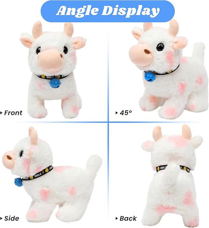 Hopearl Walking Cow Interactive Electronic Pet Plush Diary Cattle Toy with Sounds and Movements MOO Nodding Head Wag Tail Animated Gifts for Toddlers Birthday, Pink, 7''