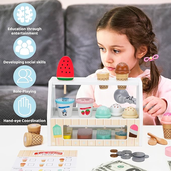 Wooden Ice Cream Toys for Kids Ice Cream Counter Shop for Toddlers Pretend Play Food Scoop and Serve with Scoop & Menu & Fake Money for Boys and Girls Ages 3 4 5 6.