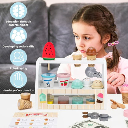 Wooden Ice Cream Toys for Kids Ice Cream Counter Shop for Toddlers Pretend Play Food Scoop and Serve with Scoop & Menu & Fake Money for Boys and Girls Ages 3 4 5 6.