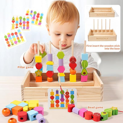 INIFEIDALA Toddler Learning Montessori Toys for 3 4 5 6 Year Old,Rainbow Stacking & Lacing Beads & Matching Shape Stacker - Wooden Peg Board Beads Sequencing Toy Set - Fine Motor Skills Toys