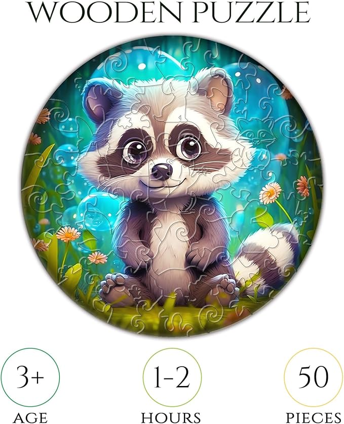 Wooden Jigsaw Puzzles for Kids Ages 4-6, 50 Piece Unique Shape Animal Theme Puzzle - Preschool Learning Educational Toys for Kids 3+, Valentines Day Birthday Easter Gifts for Kids Girls Boys (raccoon)