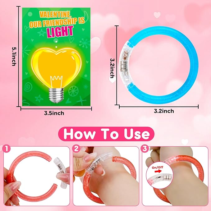 Thremhoo 26PCS Glow in the Dark LED Bracelets Valentine Day Cards for Kids School Classroom Funny Light Up Valentines Exchange Gifts for Toddler Boys Girls Valentine’s Party Treat Stuffers Fidget Bulk