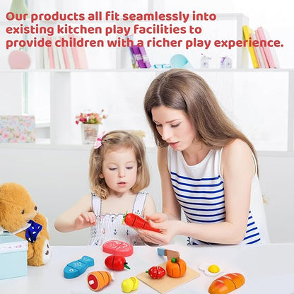 Holicolor 40pcs Wooden Play Food, Pretend Play Food Sets for Kids Kitchen, Cutting Fake Food Toy Educational Play Kitchen Food with Fruits and Vegetables for Toddler Birthday Gift