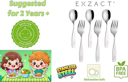 Exzact Children Flatware 6pcs - 3 x Forks, 3 x Spoons - Toddler Utensil Kids Silverware Cutlery Stainless Steel - Dishwasher Safe