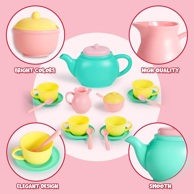 JOYIN 18PCS Pretend Play Tea Party Set Play Food Accessories BPA Free, Phthalates Free, Plastic Tea Set, Mini Kitchen for Kids, Gifts for Toddler Boys Girls Ages 3 4 5 6 Years Old