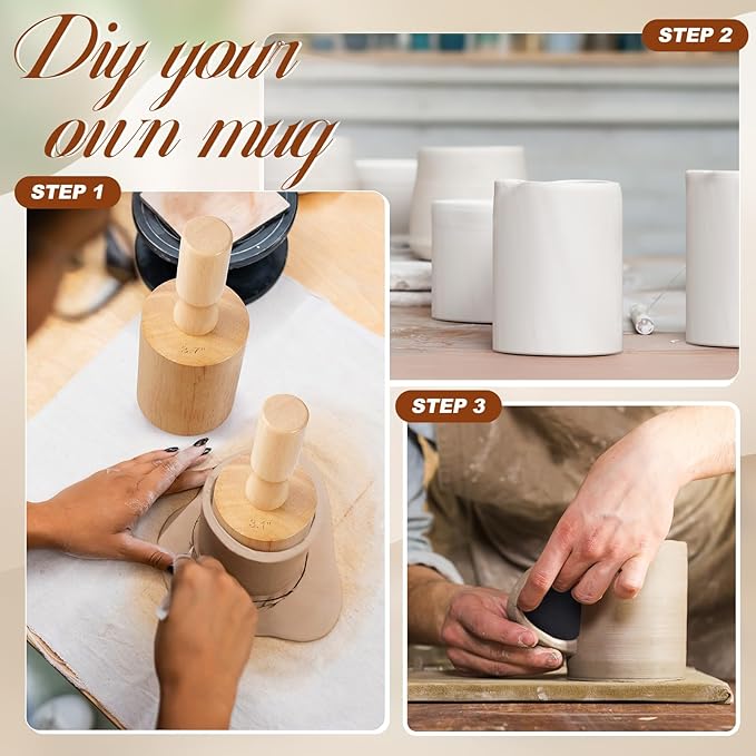 Juexica Pottery Molds for Making 15oz 18oz 20oz Ceramic Mugs, 3 Pcs Cup Clay Press Mold Set with 12 Mug Handle Forms, 3.1'' 3.4'' 3.7'' Wood Pottery Shaping Tools for DIY Art Craft Making