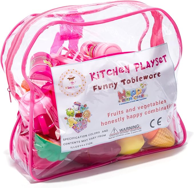 Kimicare 58 Piece Kitchen Cooking Set Girls Boys Fruit Vegetable Tea Playset Toy for Kids Early Age Development Educational Pretend Play Food Assortment Set