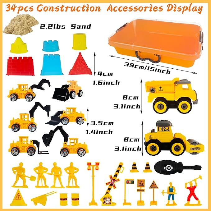 34 PCS Play Sand Construction Sensory Bin Set,2.2 lbs Magical Sand,2 Take Apart 6 Undetachable Construction Trucks Toys,Castle Molds,Road Signs,Sensory Sandbox with Lid for Kids Boys Girls Aged 3+