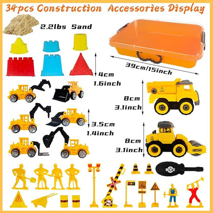 34 PCS Play Sand Construction Sensory Bin Set,2.2 lbs Magical Sand,2 Take Apart 6 Undetachable Construction Trucks Toys,Castle Molds,Road Signs,Sensory Sandbox with Lid for Kids Boys Girls Aged 3+